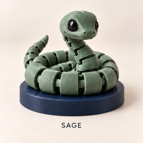 Sage green articulated snake coiled on a round navy base