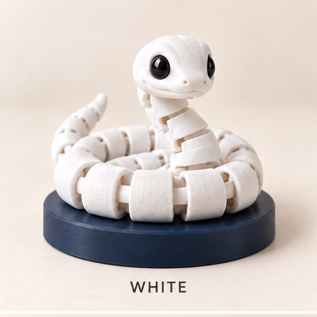 White articulated snake coiled on a round navy base