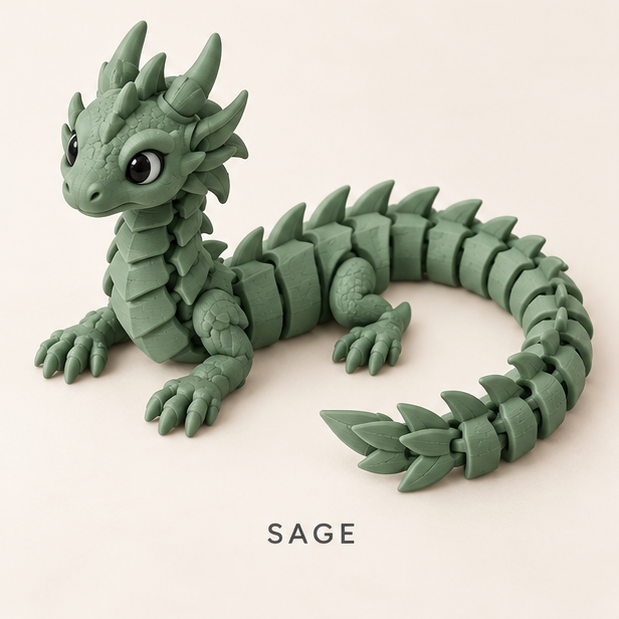 Sage green articulated dragon with a curled segmented tail