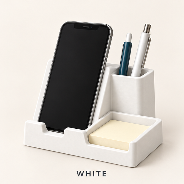 White phone stand holding a smartphone, with a pen cup and sticky-note tray