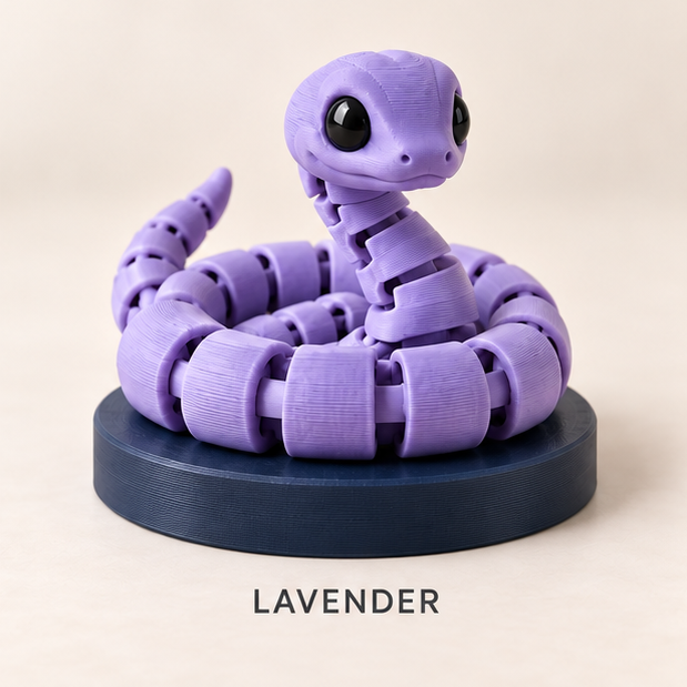 Lavender articulated snake coiled on a round navy base