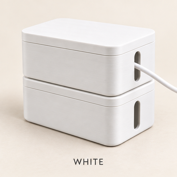 Two stacked white cable boxes with lids, a white cable running out of the side slot