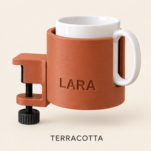 Terracotta clamp-on cup holder engraved LARA, holding a white mug