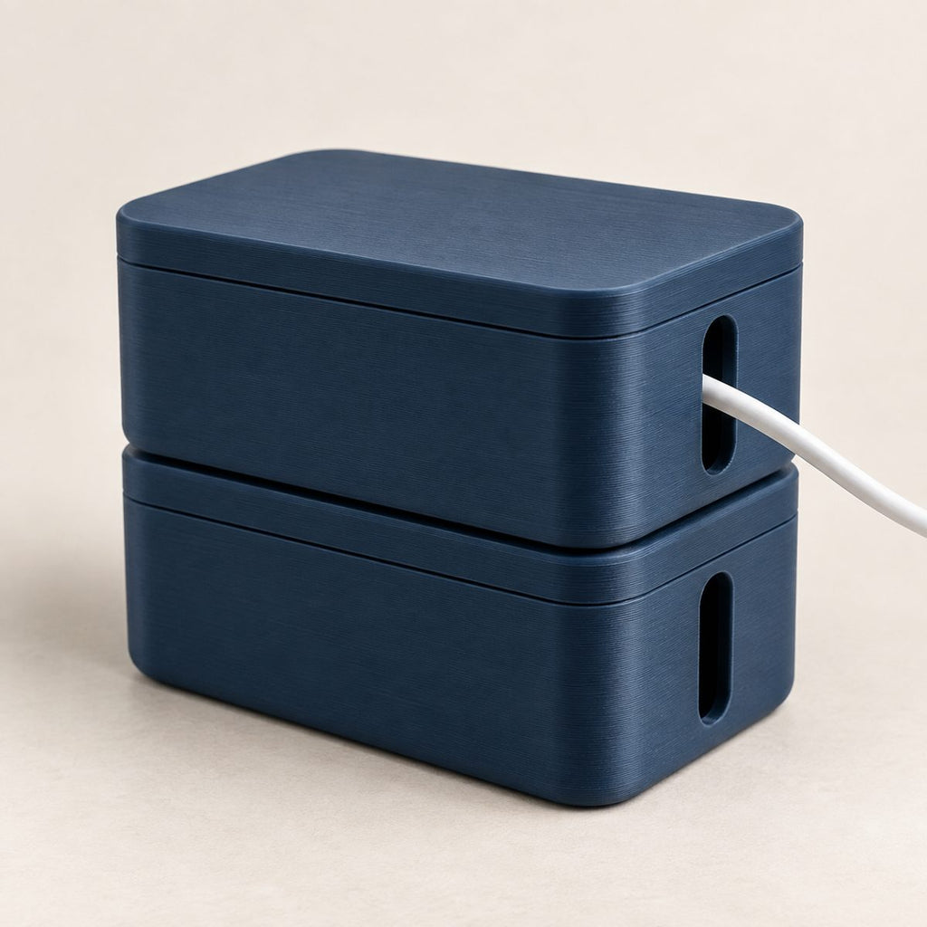 Two stacked navy cable boxes with lids, a white cable running out of the side slot
