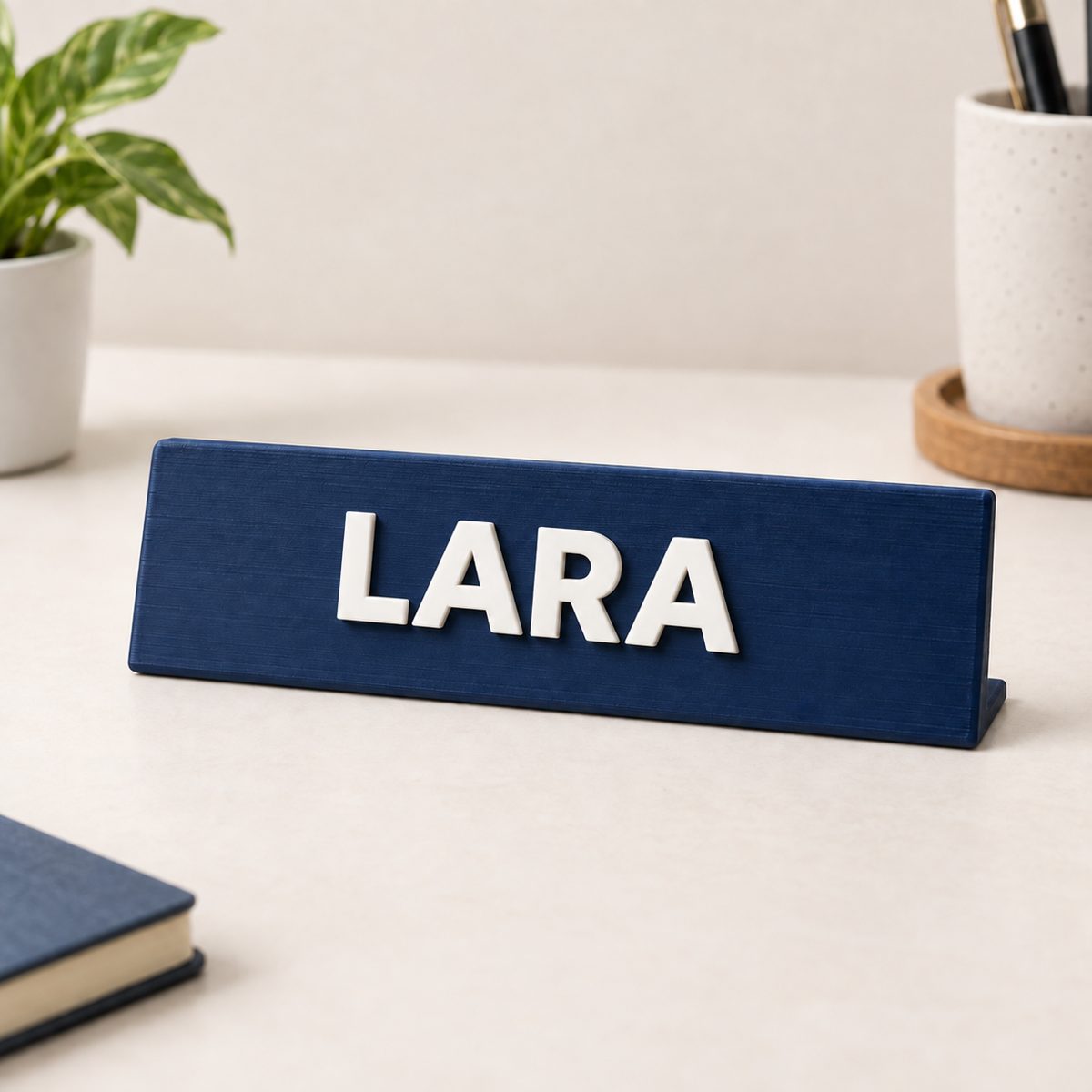 Navy desk nameplate with raised white letters spelling LARA, on a desk beside a book and a small plant