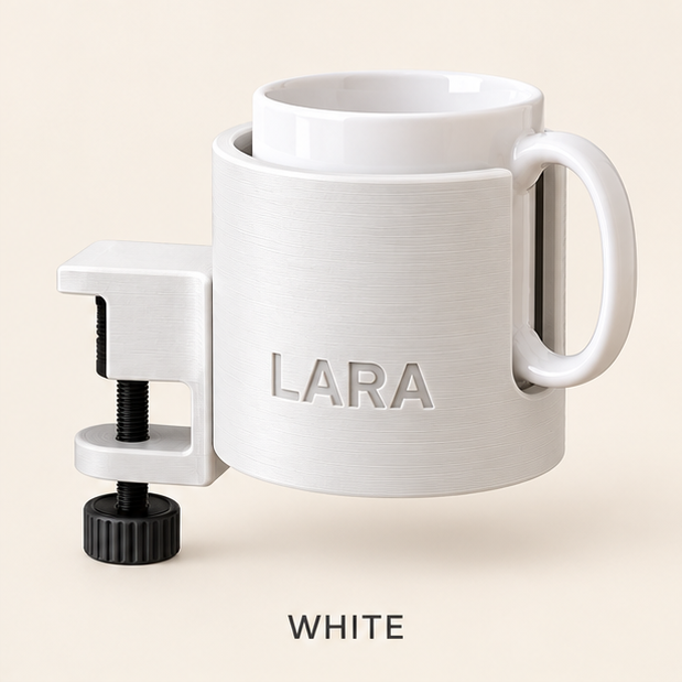 White clamp-on cup holder engraved LARA, holding a white mug
