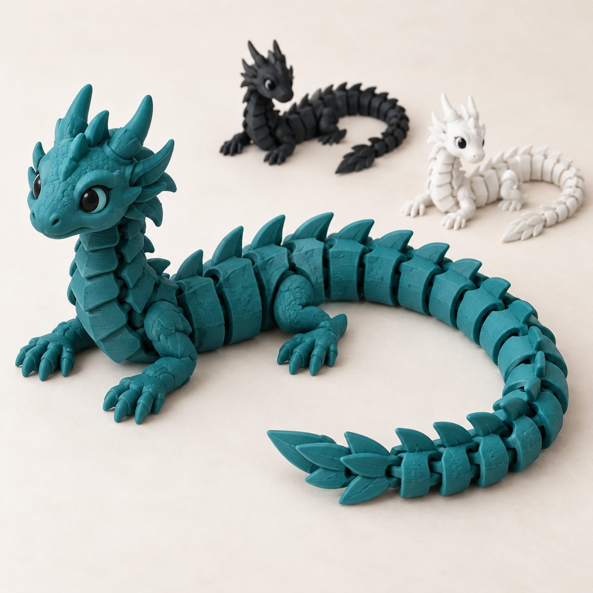 Teal articulated dragon with a long segmented tail, with smaller black and white dragons behind it