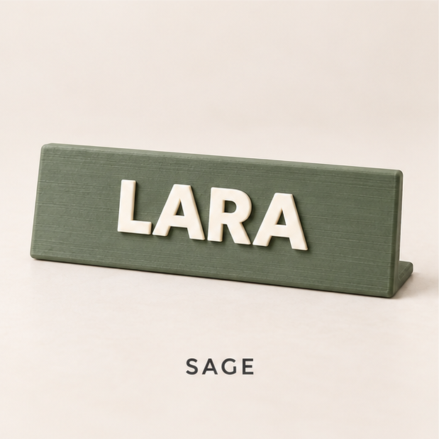 Sage green desk nameplate with raised cream letters spelling LARA