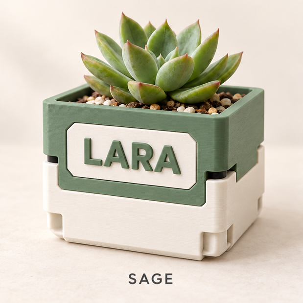 Two-tone planter, sage green over cream, with LARA on the front face and a succulent inside