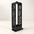 Tall black incense holder with a voronoi lattice pattern and a black ash tray at the base