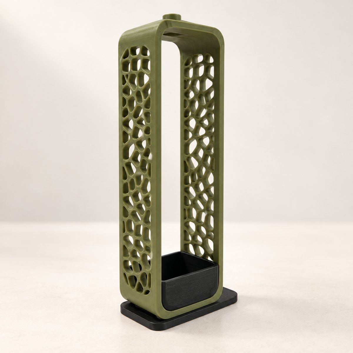 Tall olive green incense holder with a voronoi lattice pattern and a black ash tray