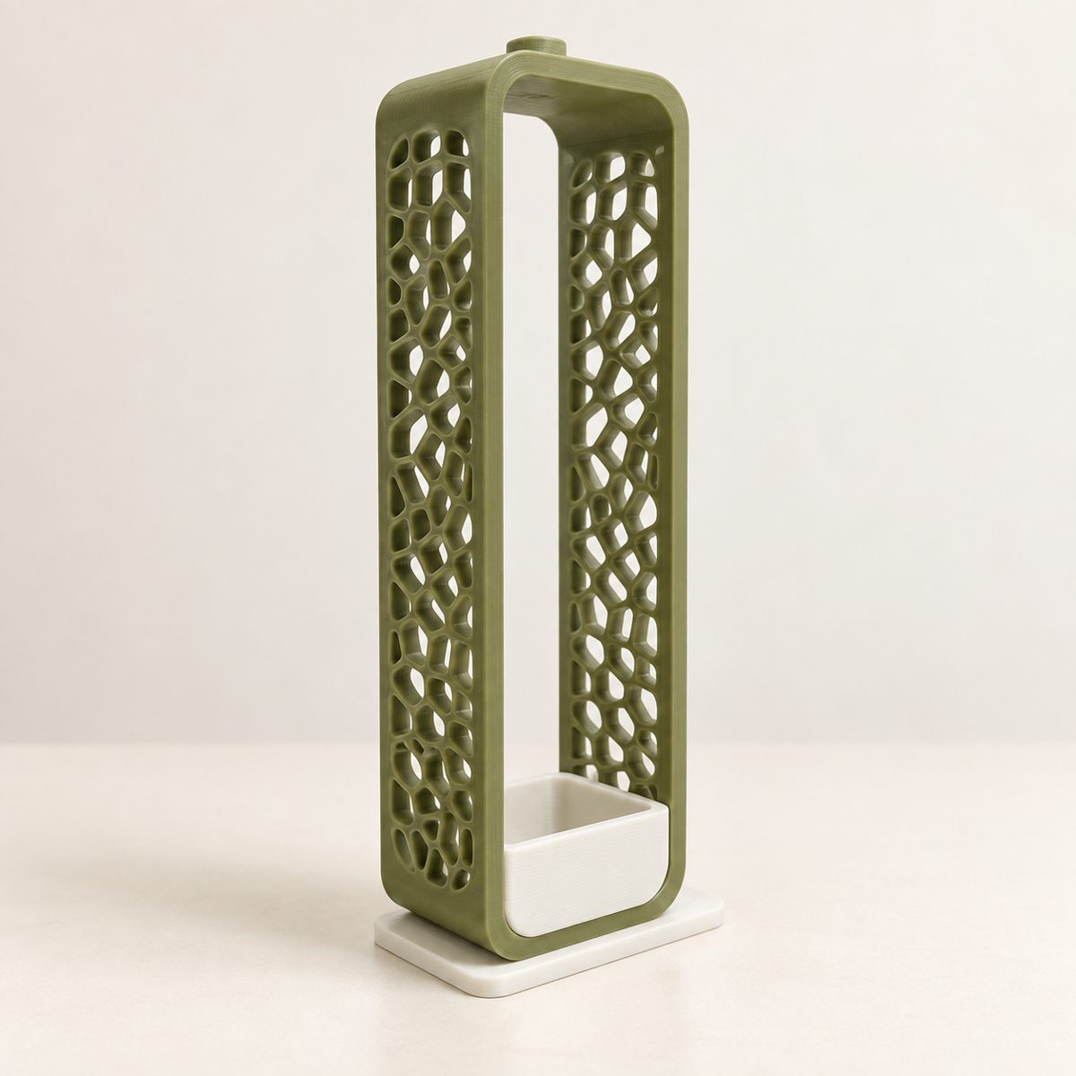 Tall olive green incense holder with a voronoi lattice pattern and a white ash tray