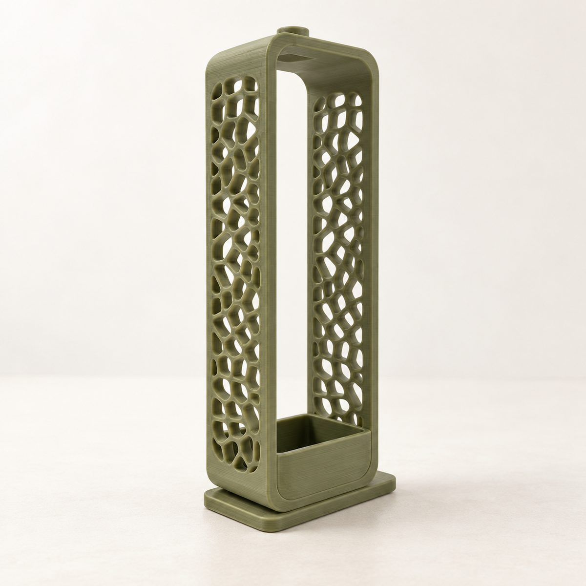 Tall olive green incense holder with a voronoi lattice pattern and an olive ash tray at the base