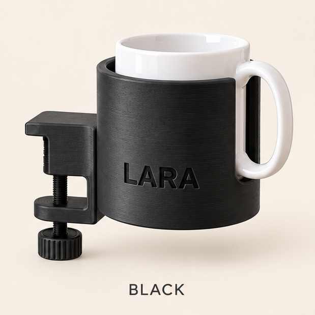 Black clamp-on cup holder engraved LARA, holding a white mug